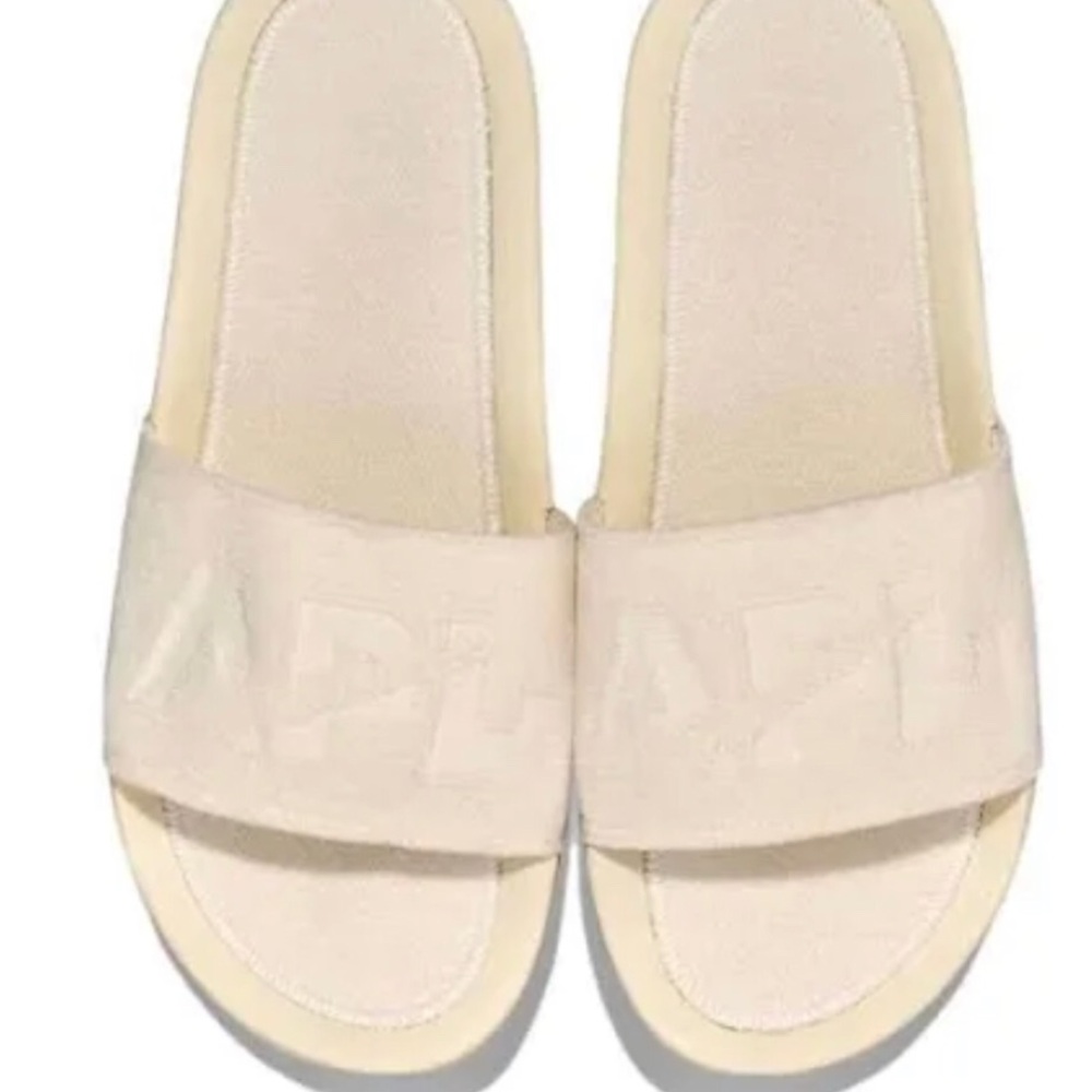Apl cream Prestine Velvet Slide Sandals with Embossed Strap NEW IN BOX